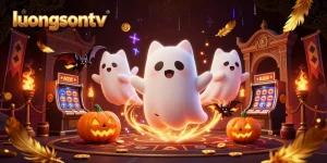 Experience thrilling gaming at luongsontv with a lively ghost cat and vibrant decorations.