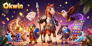 Experience thrilling gameplay with Okwin, featuring a knight, puppy, and falcon in a vibrant casino scene.