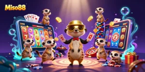 Experience Miso88's vibrant casino with playful meerkats amidst colorful slots and winning moments.