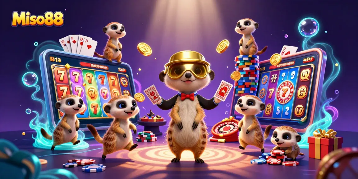 Experience Miso88's vibrant casino with playful meerkats amidst colorful slots and winning moments.