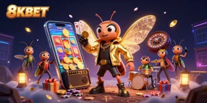 Experience thrilling action with 8KBET as a cicada rock star performs amidst vibrant slot games and casino elements.