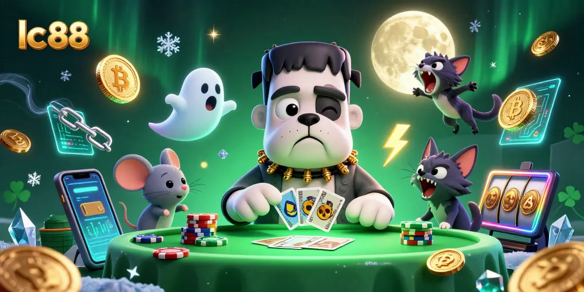 Engage in thrilling gaming at lc 88 with a vibrant scene featuring a Frankenstein bulldog dealer and ghostly elements.