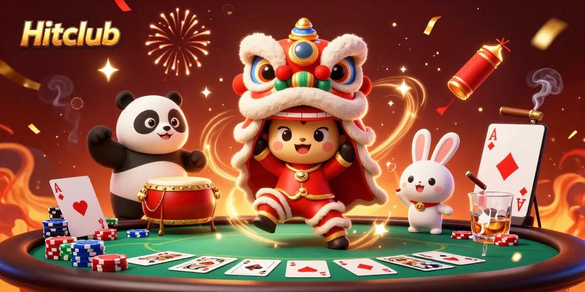 Hitclub features an exciting group of characters celebrating with poker elements in a vibrant casino scene.