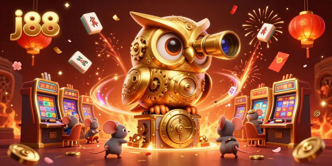 Engage with the thrilling j88 online casino experience, where vibrant characters celebrate amid dynamic slot machines.