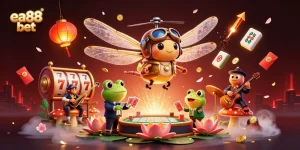 Engage in the game with ea88 bet at a vibrant lily pad casino featuring lively characters and gaming elements.