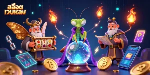 Engage in สล็อตเว็บตรง excitement with a mystical scene featuring characters amidst slot reels and glowing coins.