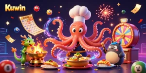 Kuwin showcases an energetic scene with a colorful octopus chef and a dragon in a vibrant casino atmosphere, perfect for players.
