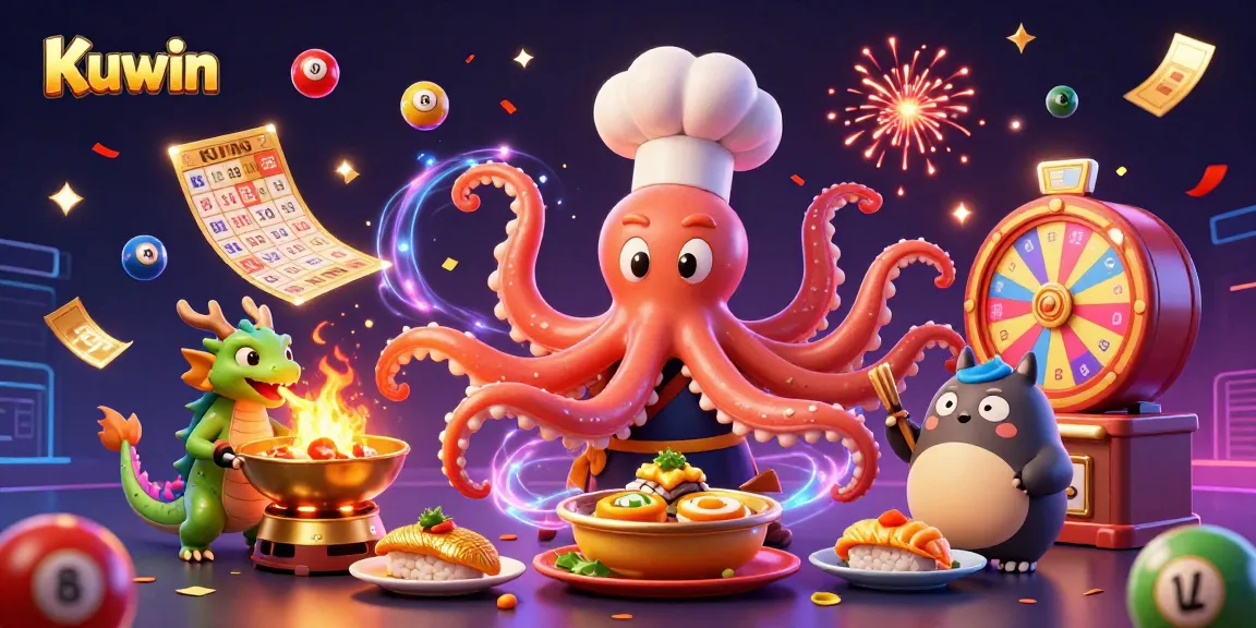 Kuwin showcases an energetic scene with a colorful octopus chef and a dragon in a vibrant casino atmosphere, perfect for players.