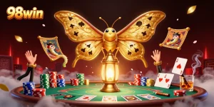 98win offers a vibrant casino scene featuring a majestic moth and poker elements in a dynamic illustration.