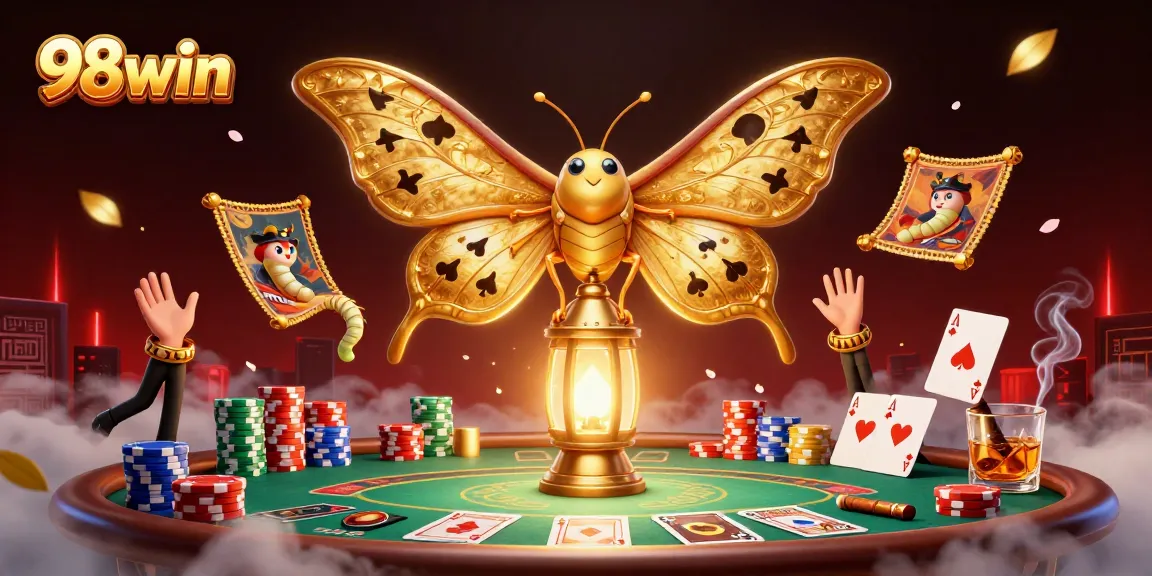 98win offers a vibrant casino scene featuring a majestic moth and poker elements in a dynamic illustration.