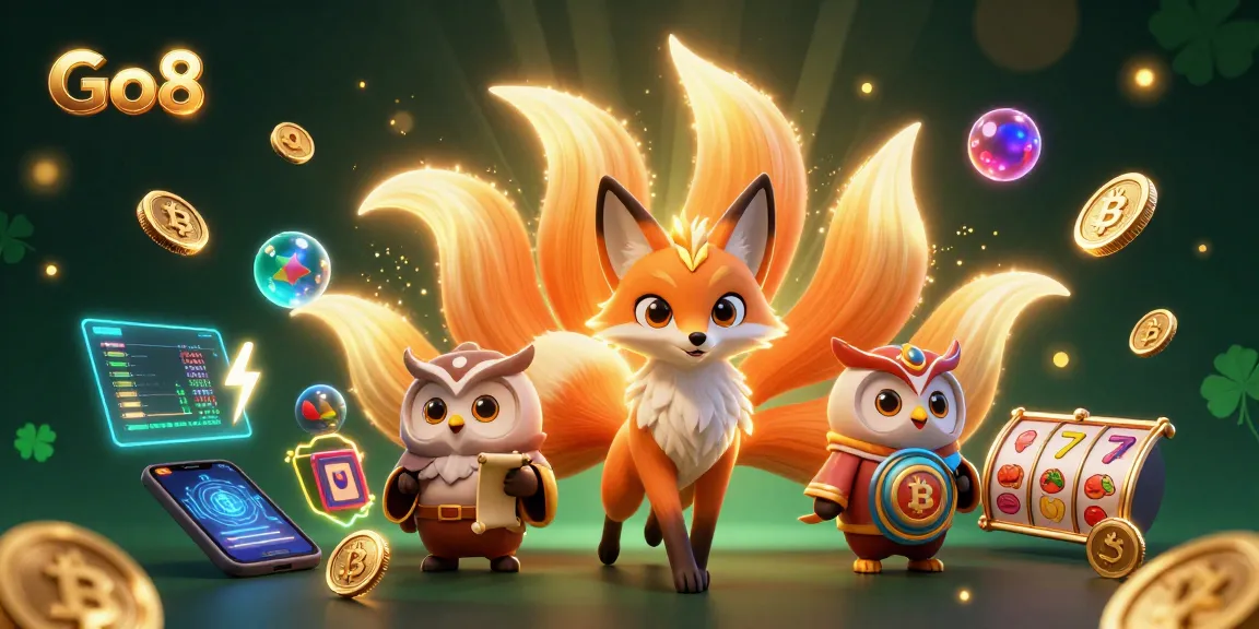 Win at Go8 with vibrant gaming elements and magical characters in a dazzling casino illustration.