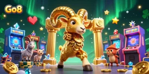 Engage with Go8's exciting gaming scene featuring vibrant 3D cartoon characters and casino elements.