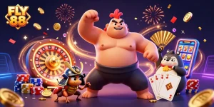 FLY 88 features vibrant characters celebrating with coins, roulette, and cards in a dynamic casino scene.