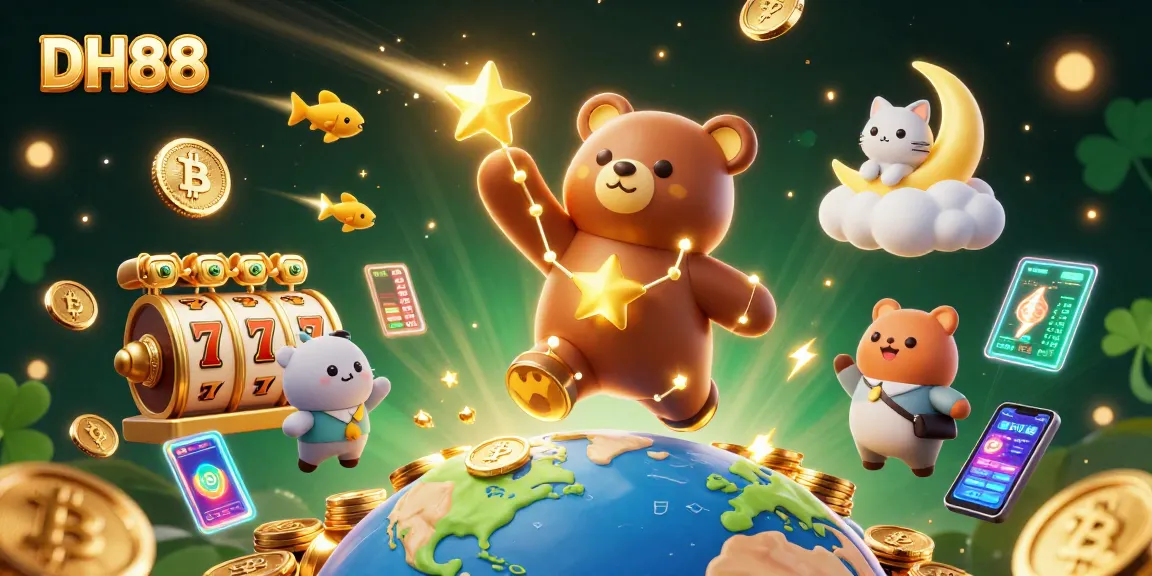 Experience DH88's thrilling slot action with a vibrant 3D cosmic scene filled with sparkling coins and neon elements.