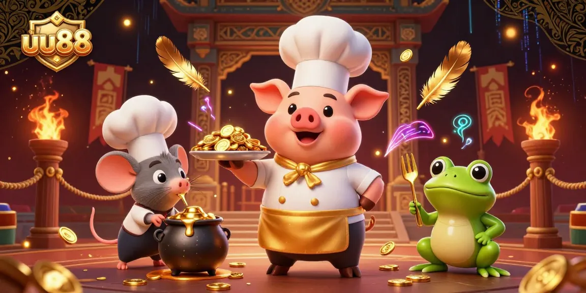 Engaging with uu88's attractive slots, a chef pig serves gold coins in a vibrant casino scene.