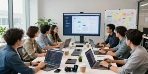 Build internal tools with AI in a vibrant collaborative workspace with diverse professionals and technology.