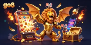 Experience the thrilling world of go8 with a chimera creature, vibrant slot machines, and dynamic casino elements.