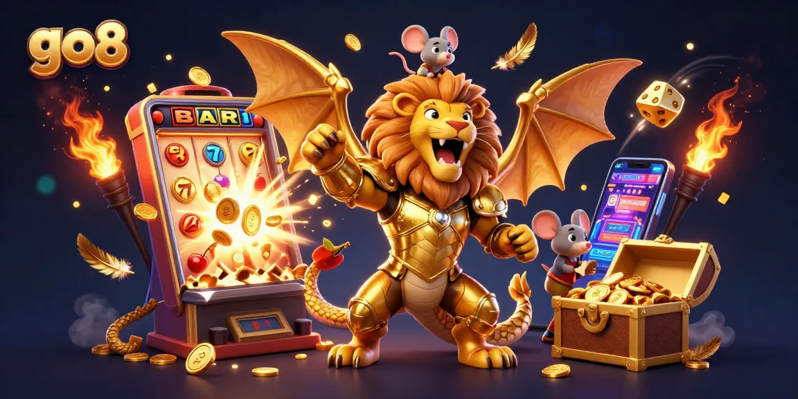 Experience the thrilling world of go8 with a chimera creature, vibrant slot machines, and dynamic casino elements.
